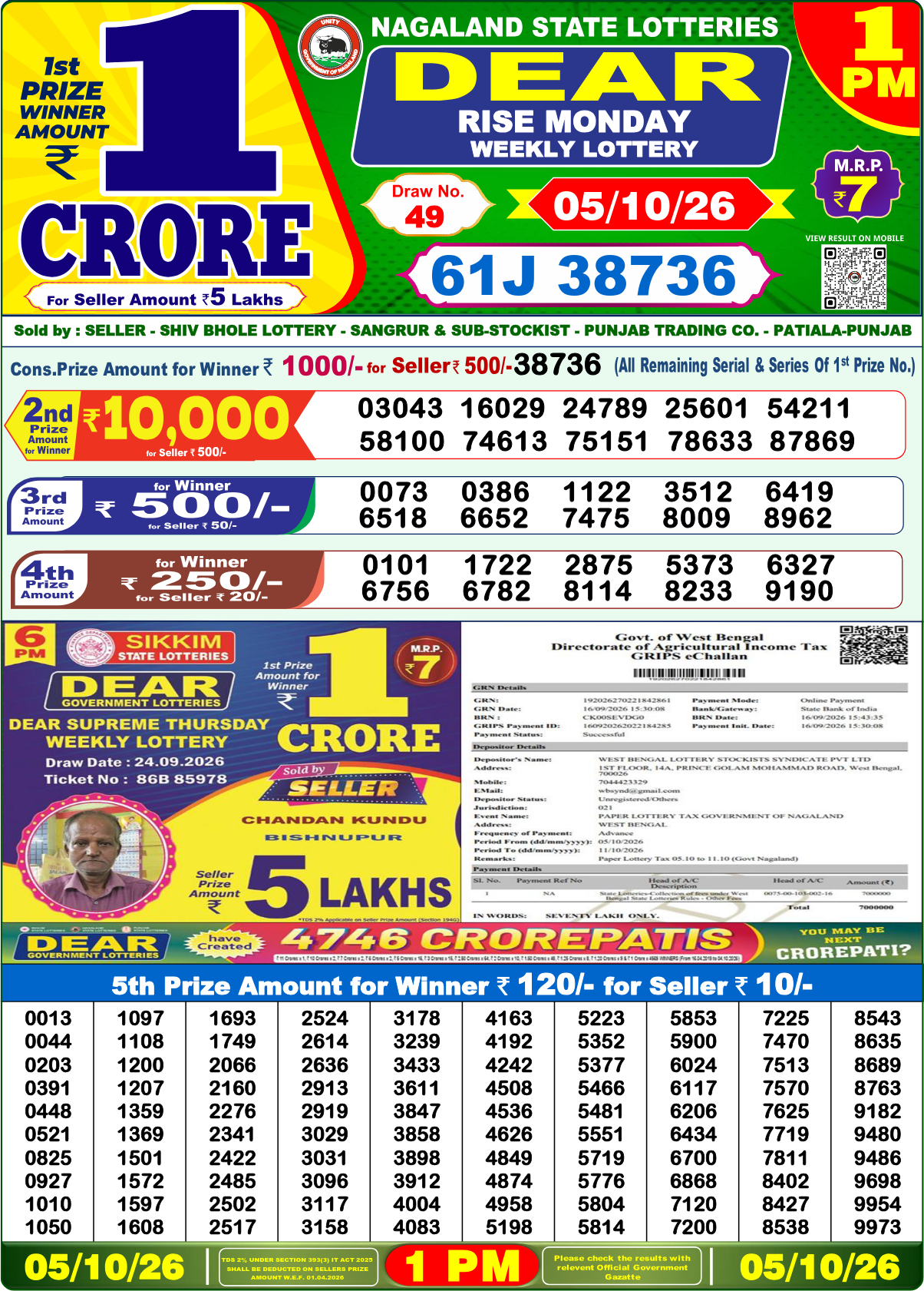 Lottery Sambad 1 PM result 2026-10-05, page 1