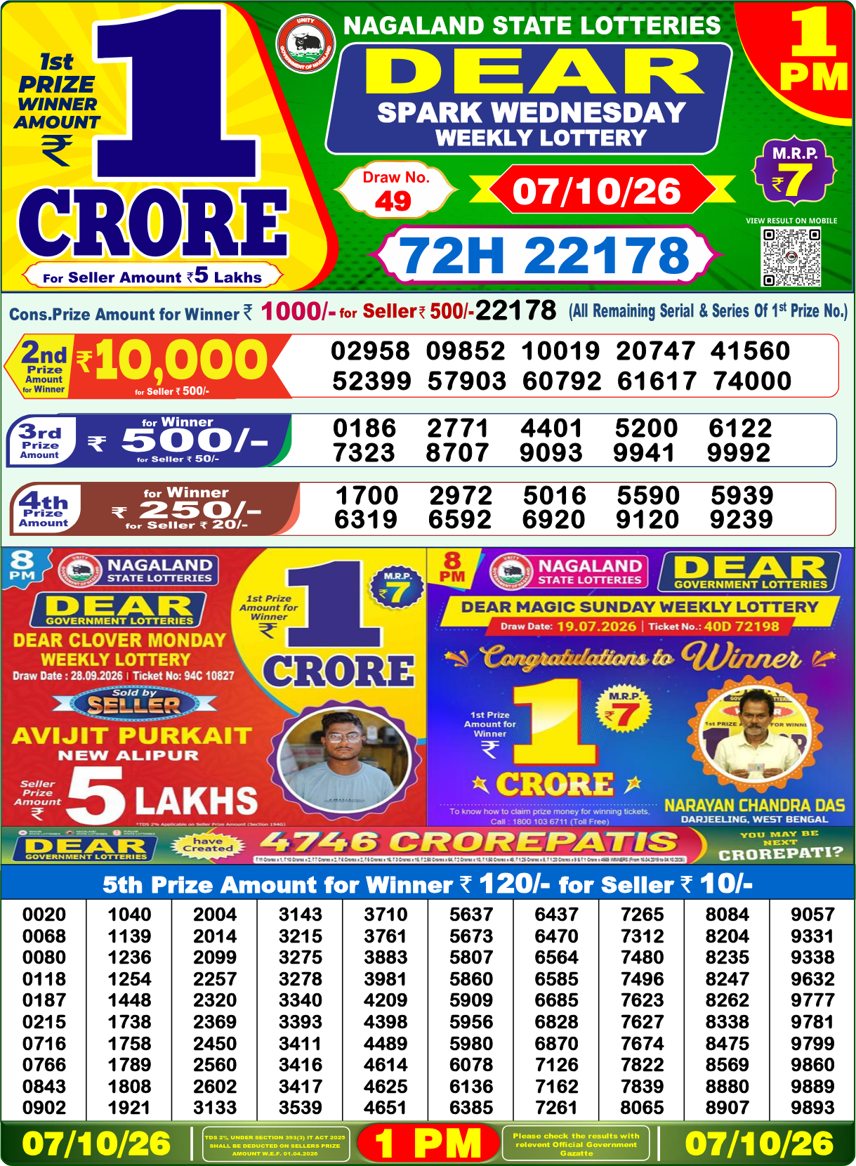 Lottery Sambad 1 PM result 7.10.2026, page 1