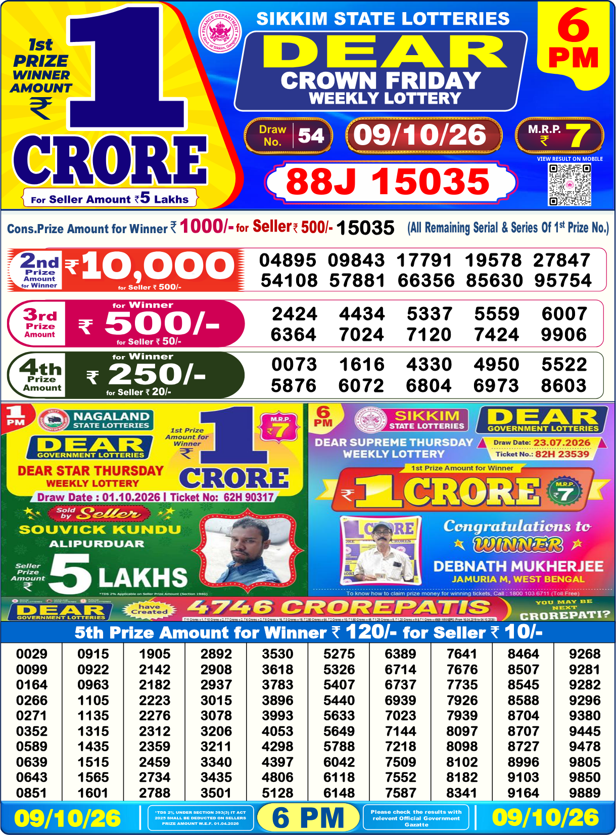 Lottery Sambad 6 PM result 9.10.2026, page 1