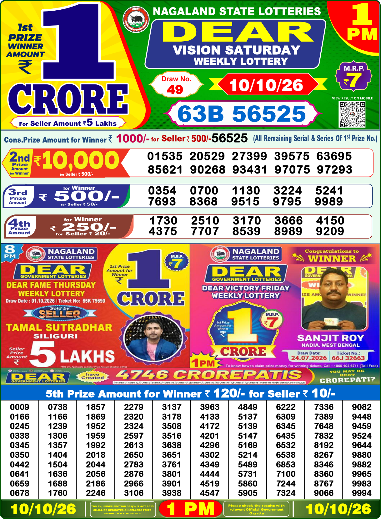 Lottery Sambad 1 PM result 10.10.2026, page 1