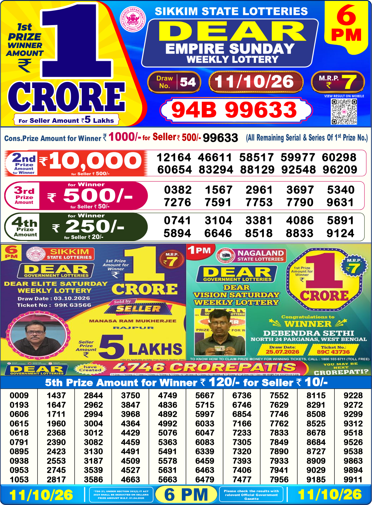 Lottery Sambad 6 PM result 11.10.2026, page 1