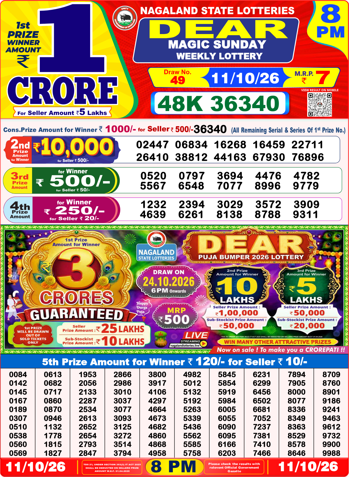 Lottery Sambad 8 PM result 11.10.2026, page 1
