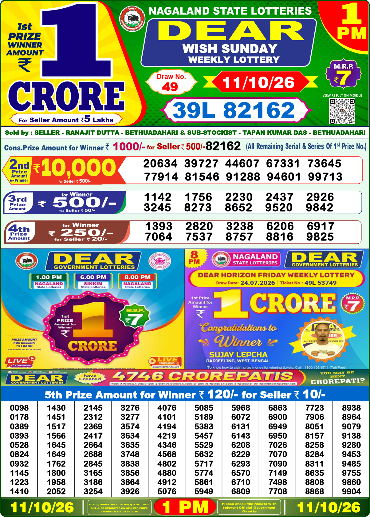 Lottery Sambad 1 PM result 11.10.2026, page 1