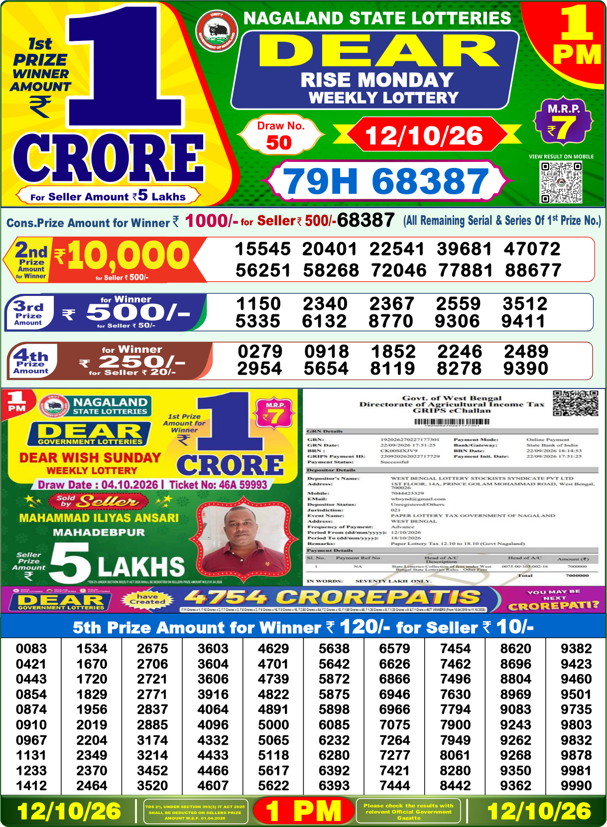 Lottery Sambad 1 PM result 12.10.2026, page 1