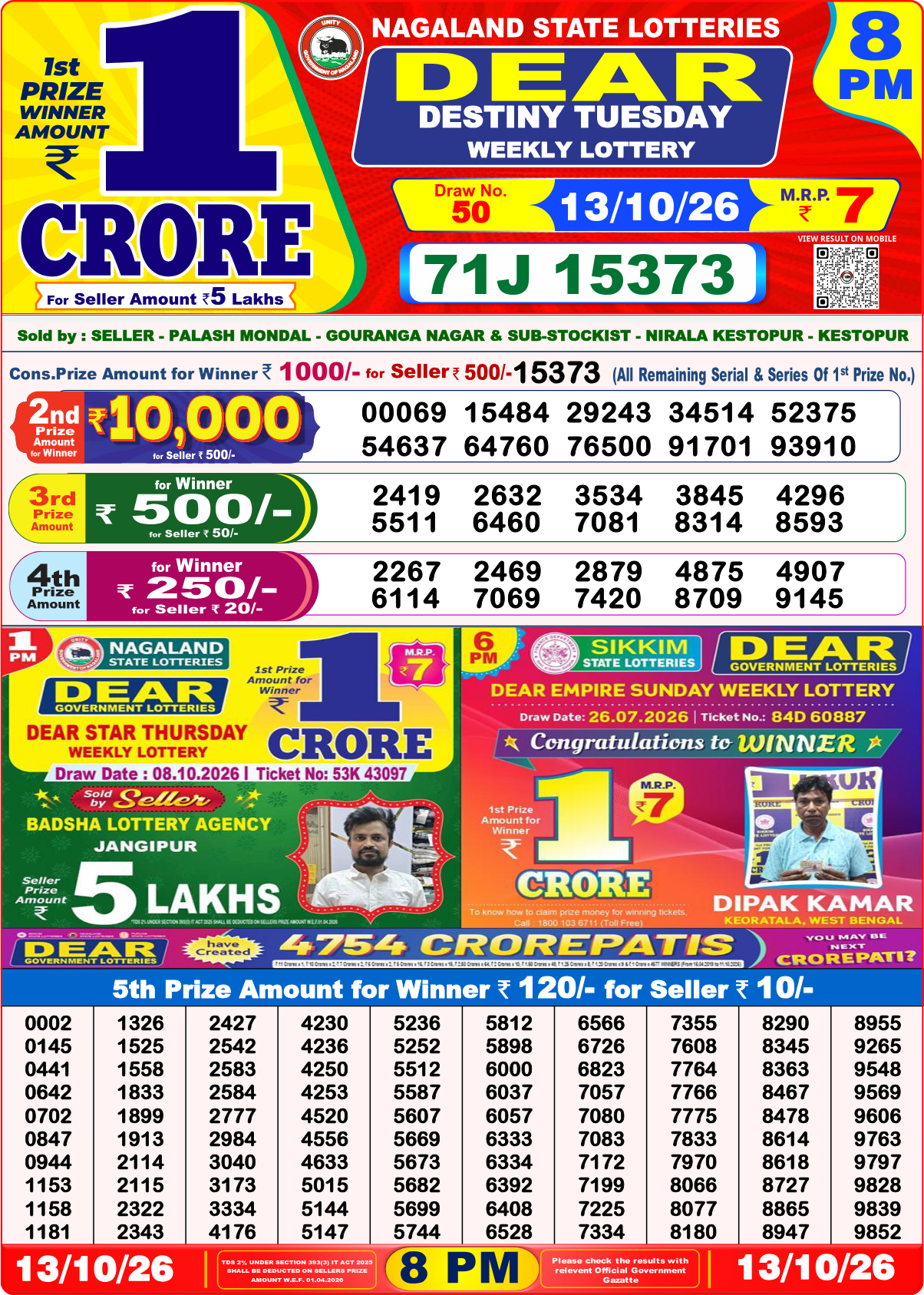 Lottery Sambad 8 PM result 13.10.2026, page 1