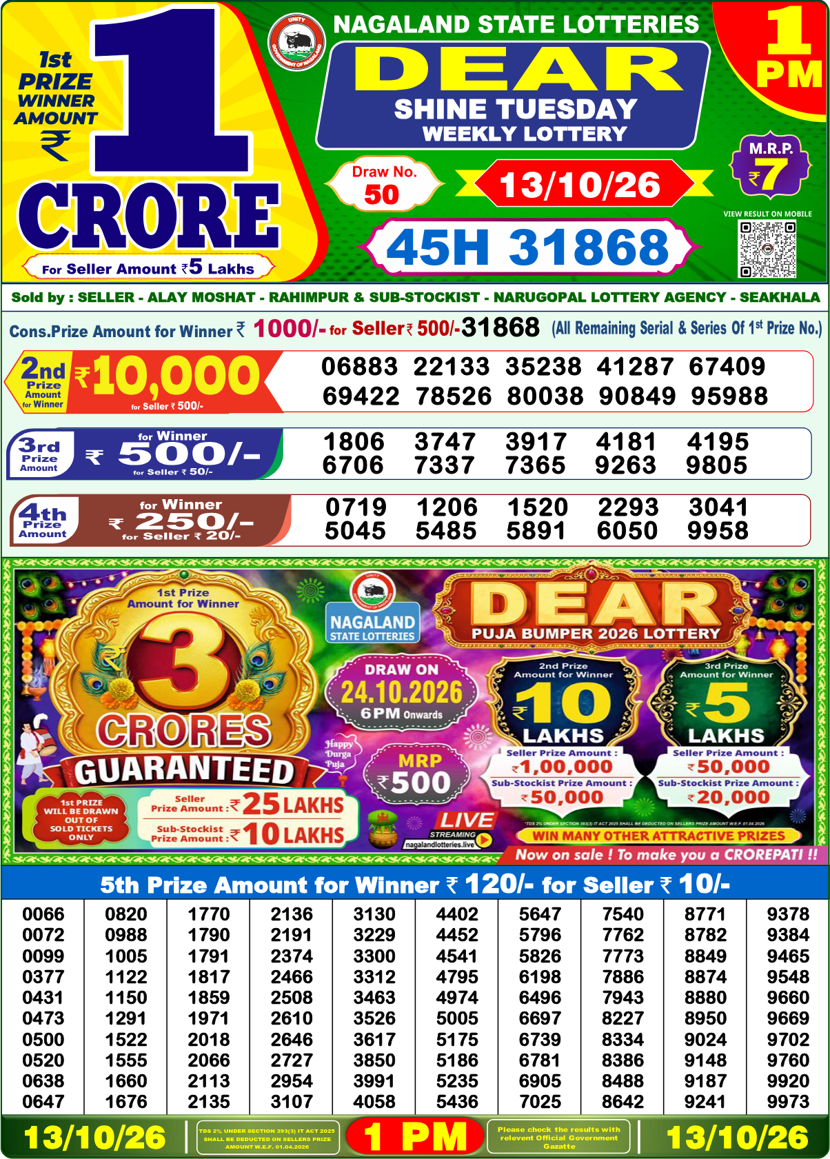 Lottery Sambad 1 PM result 13.10.2026, page 1