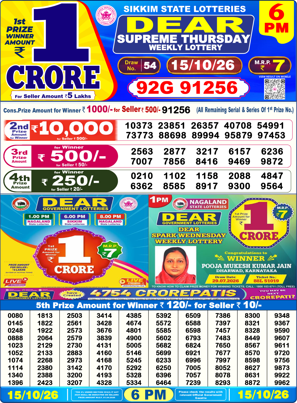 Lottery Sambad 6 PM result 15.10.2026, page 1