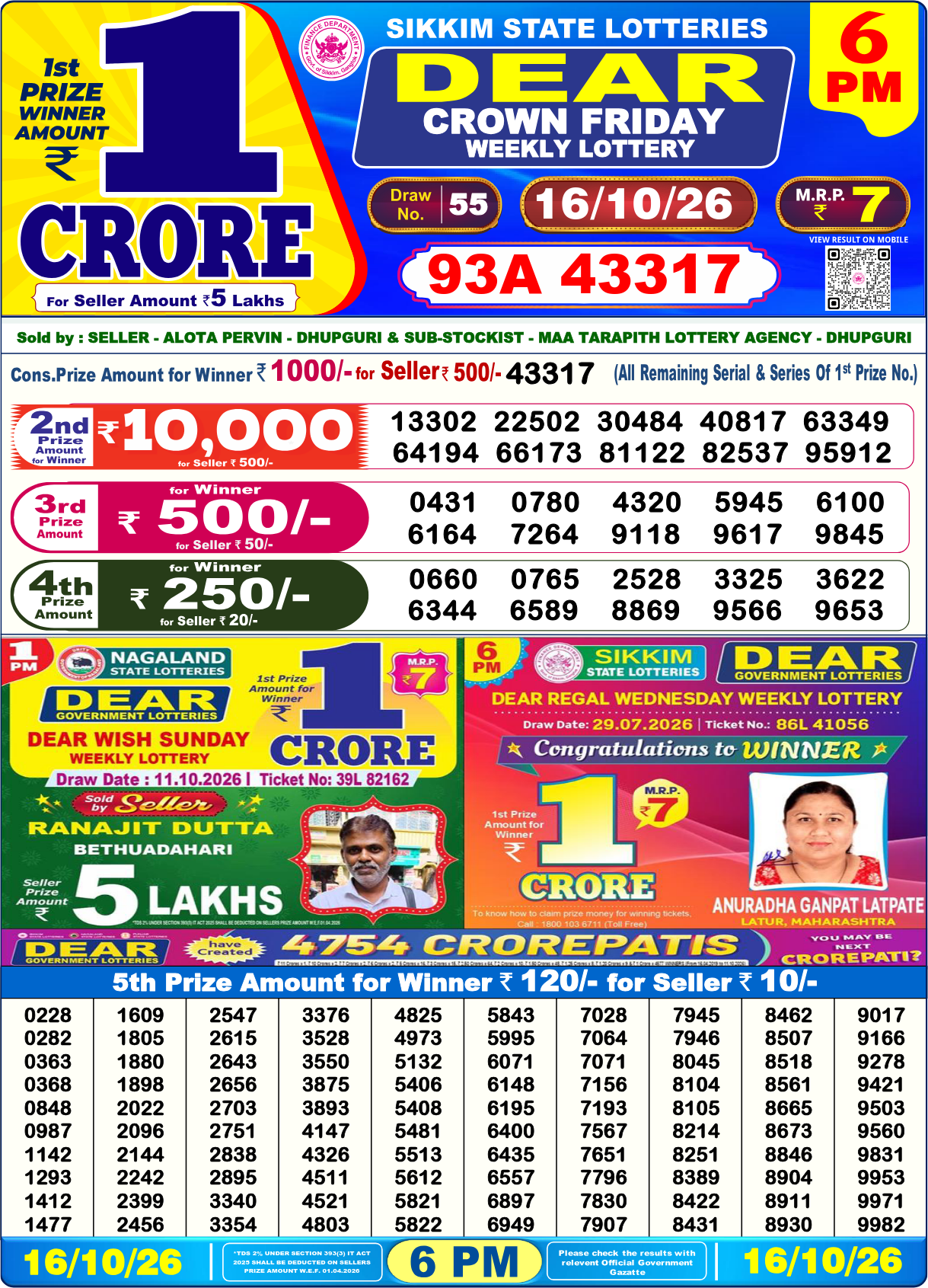 Lottery Sambad 6 PM result 16.10.2026, page 1