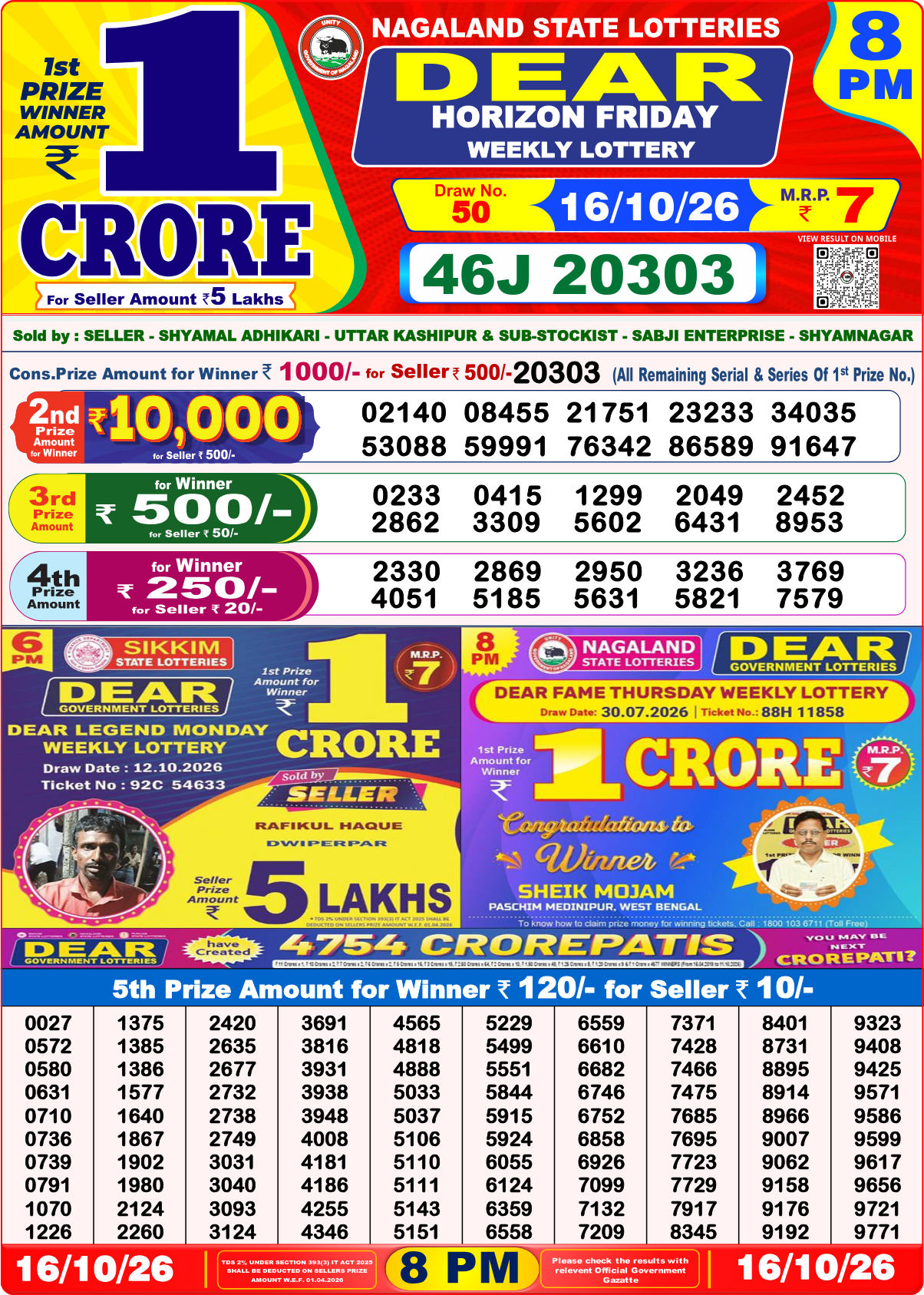 Lottery Sambad 8 PM result 16.10.2026, page 1
