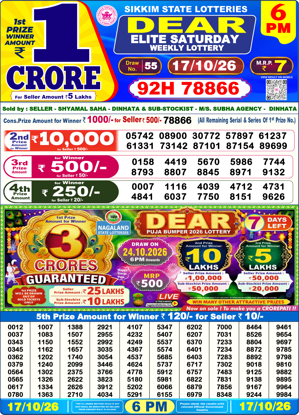 Lottery Sambad 6 PM result 17.10.2026, page 1