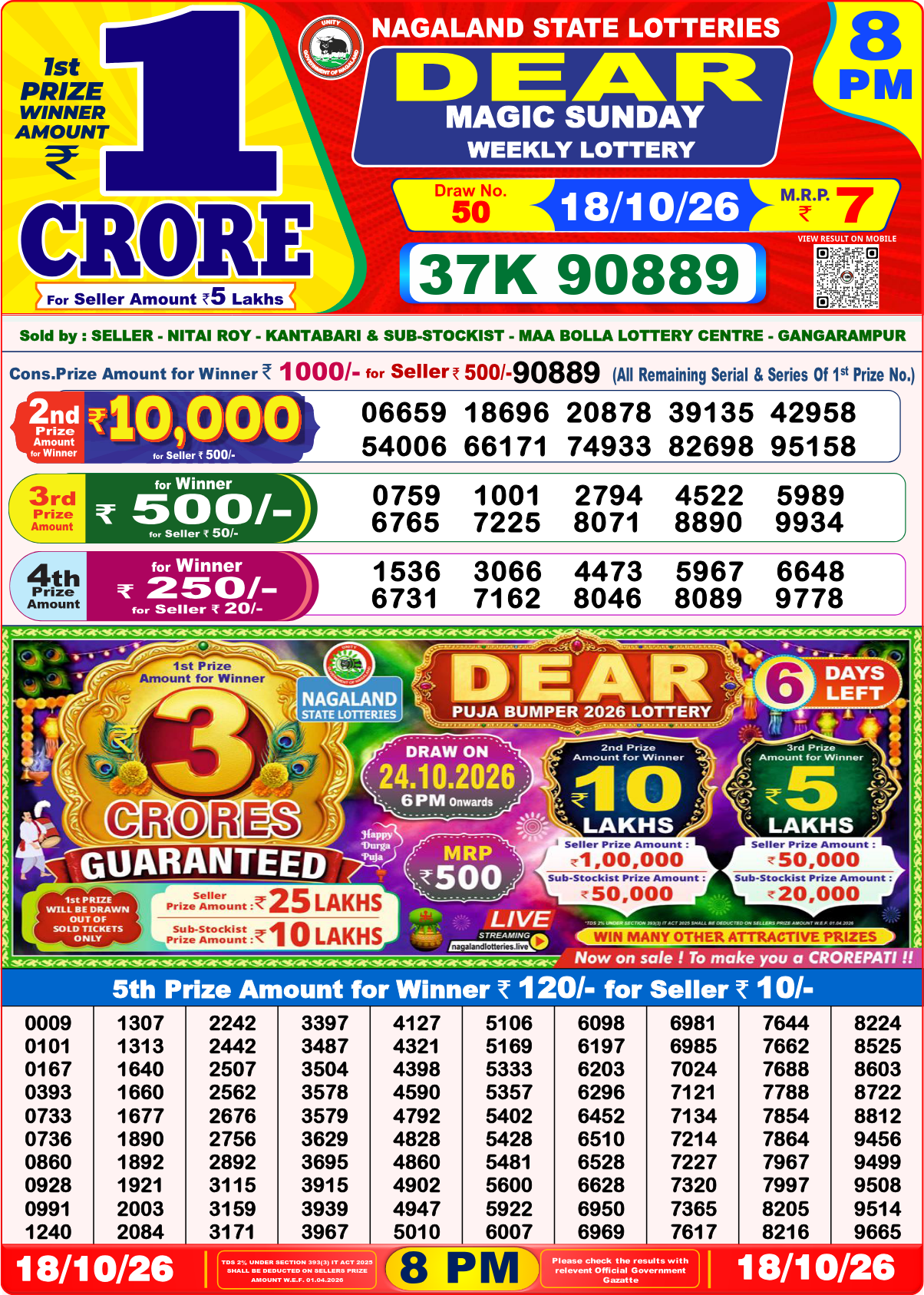Lottery Sambad 8 PM result 18.10.2026, page 1