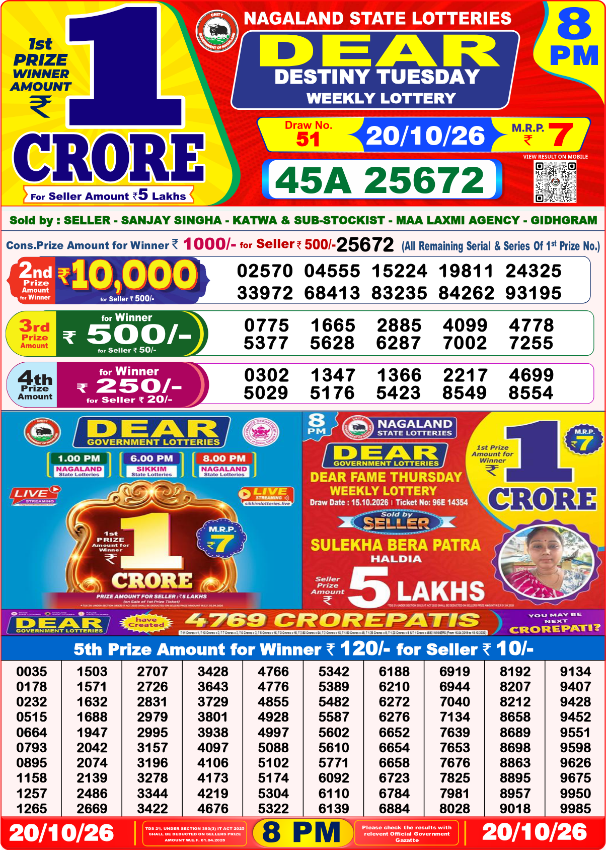 Lottery Sambad 8 PM result 20.10.2026, page 1