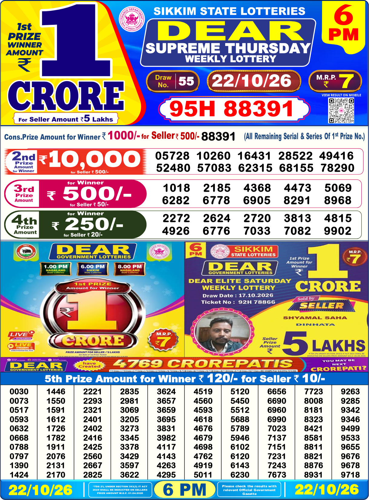 Lottery Sambad 6 PM result 22.10.2026, page 1