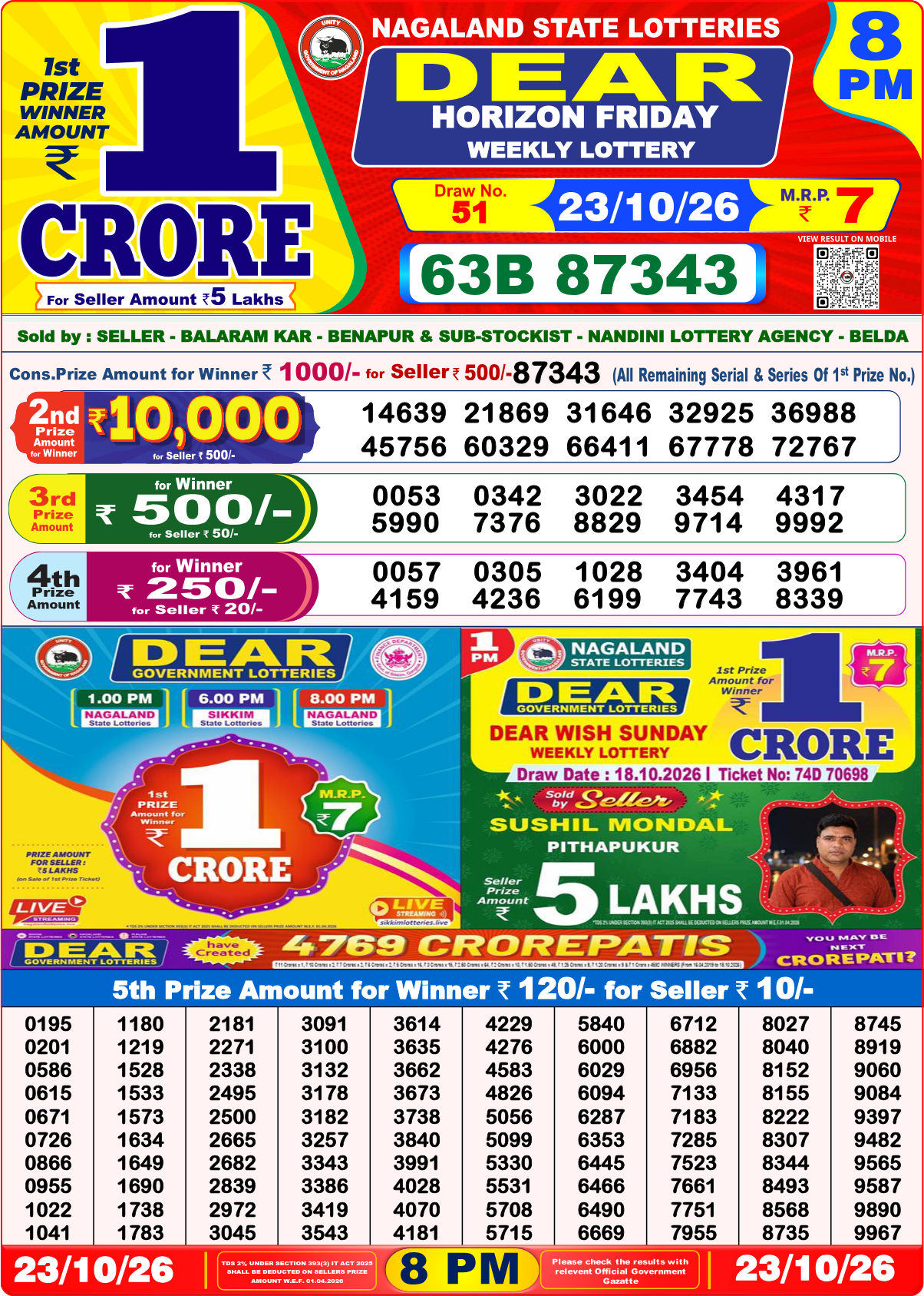 Lottery Sambad 8 PM result 23.10.2026, page 1