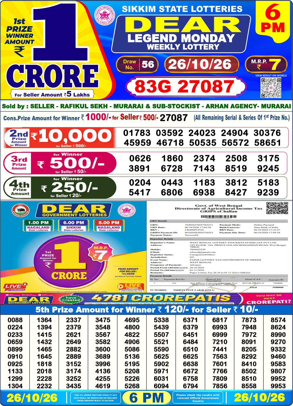 Lottery Sambad 6 PM result 26.10.2026, page 1