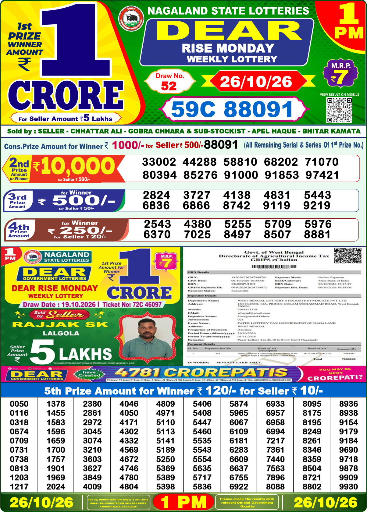 Lottery Sambad 1 PM result 26.10.2026, page 1