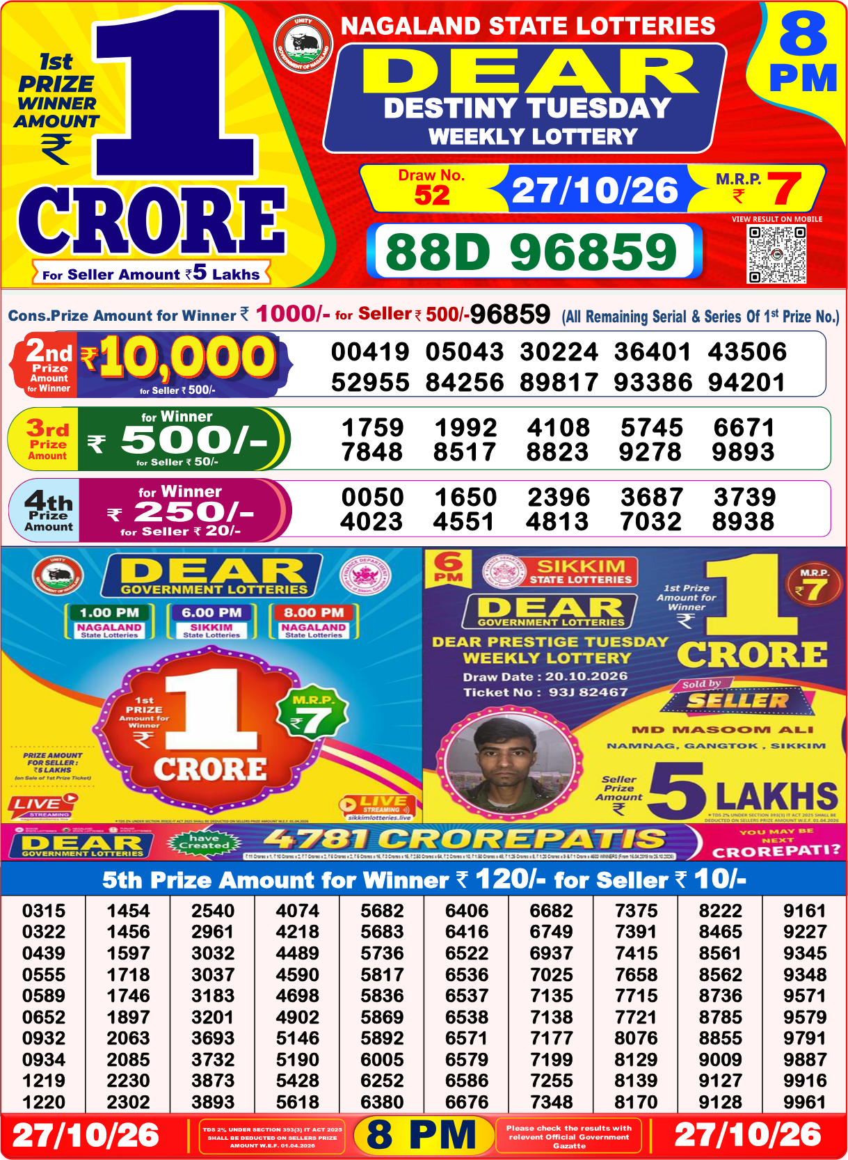 Lottery Sambad 8 PM result 27.10.2026, page 1