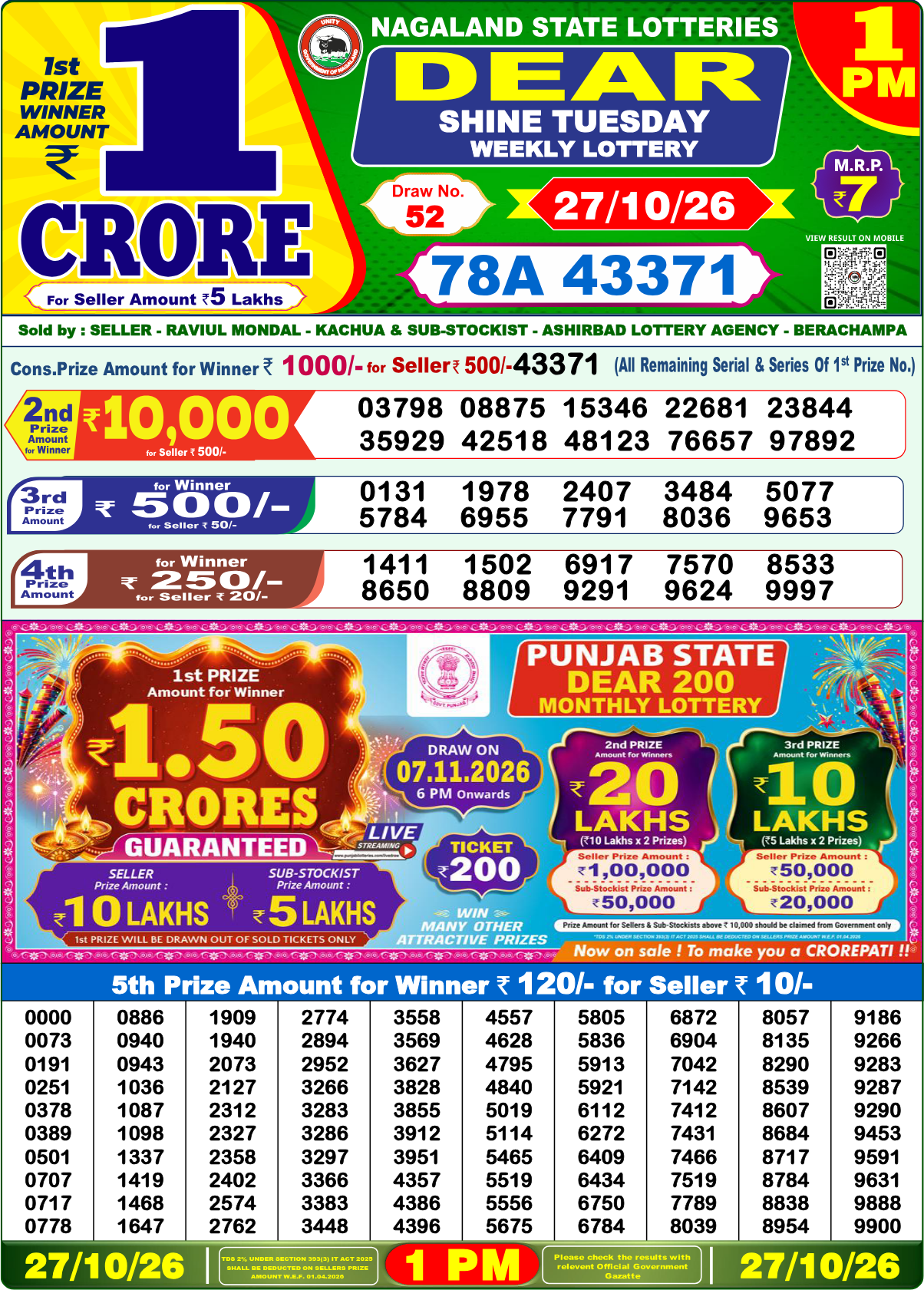 Lottery Sambad 1 PM result 27.10.2026, page 1