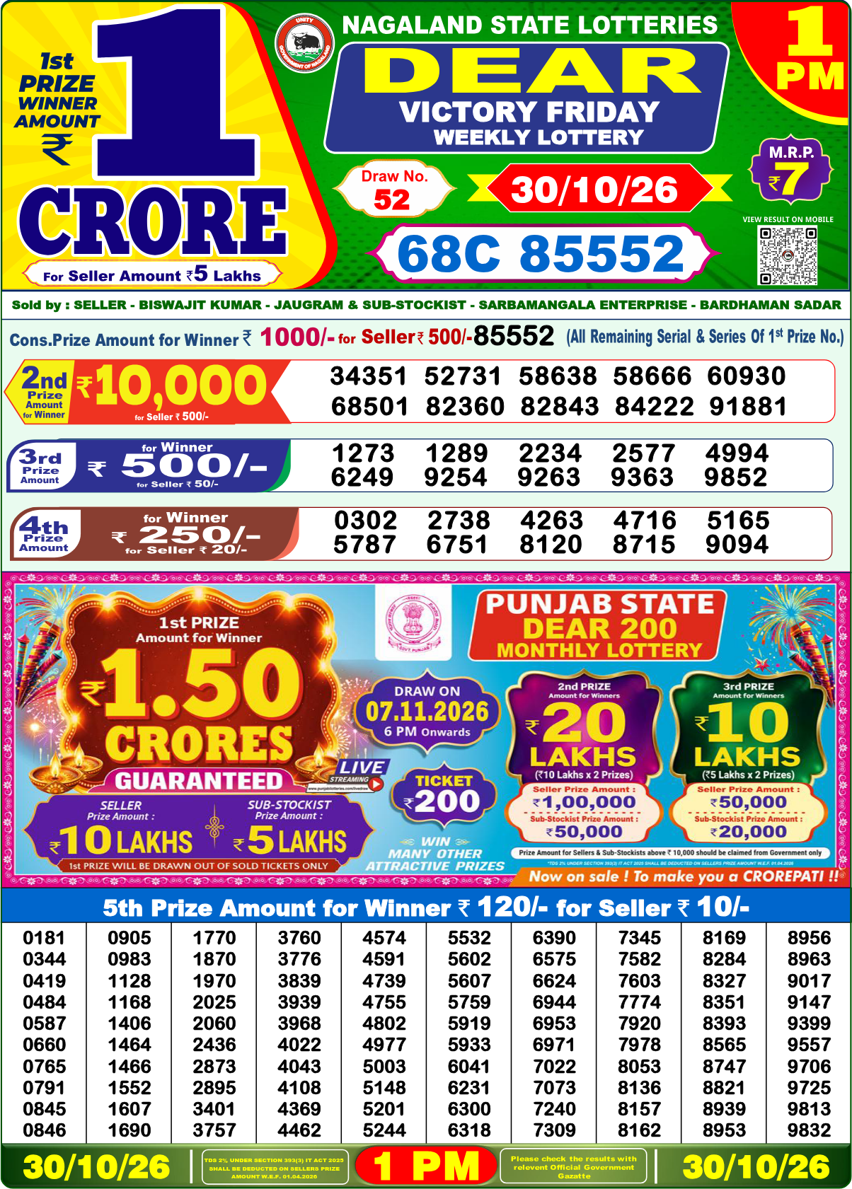Lottery Sambad 1 PM result 30.10.2026, page 1